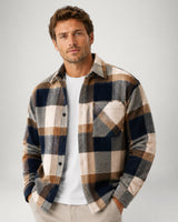 Men's flannel overshirt laid flat showing full plaid pattern