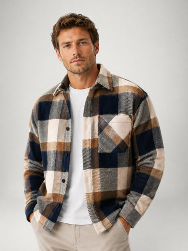Men's flannel overshirt laid flat showing full plaid pattern