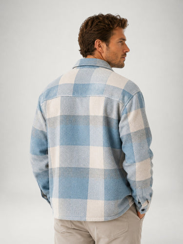 Men's flannel overshirt showing full button-front opening