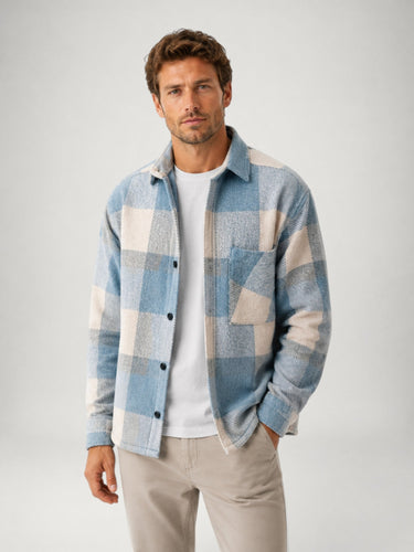 Men's plaid flannel overshirt, close-up of woven fabric texture