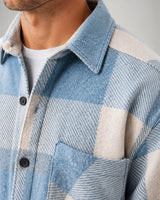 Rear view of men's plaid flannel overshirt with relaxed fit