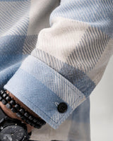 Chest pocket detail on men's plaid flannel overshirt