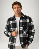 Men's flannel overshirt, side view showing hem length