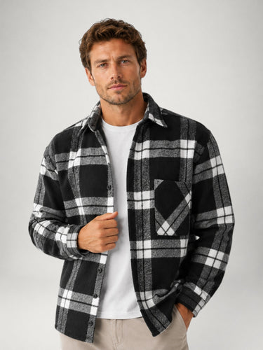 Men's flannel overshirt, side view showing hem length