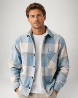Men's flannel overshirt with plaid check pattern, front view