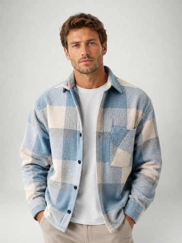 Men's flannel overshirt with plaid check pattern, front view
