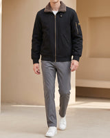 Front view of a men's leather bomber jacket with zip fastening and ribbed collar