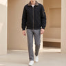 Front view of a men's leather bomber jacket with zip fastening and ribbed collar