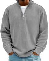 Close-up of vertical rib knit texture on the half zip jumper