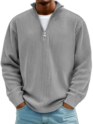 Close-up of vertical rib knit texture on the half zip jumper
