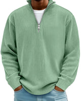 Side profile of the oversized half zip jumper showing the loose silhouette