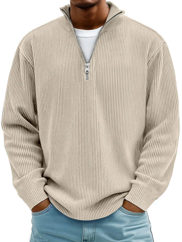 Rear view of the ribbed half zip jumper showing the relaxed fit