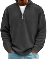 Model wearing the half zip jumper in a casual everyday setting