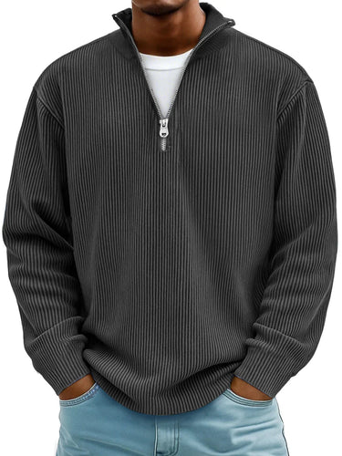 Model wearing the half zip jumper in a casual everyday setting