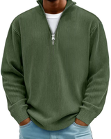 Half zip jumper styled with casual trousers, showing the layered look