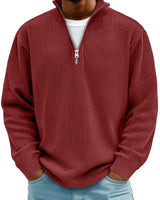 Overhead flat lay of the ribbed half zip jumper showing the full garment