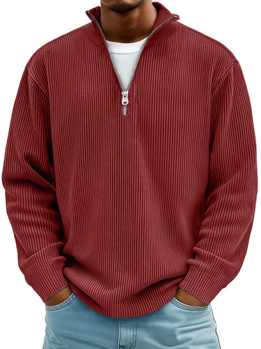 Overhead flat lay of the ribbed half zip jumper showing the full garment
