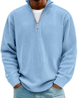 Men's ribbed half zip jumper with raised collar and metal zip detail, worn front-facing