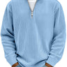 Men's ribbed half zip jumper with raised collar and metal zip detail, worn front-facing