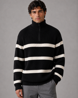 Back view of men's striped ribbed knit pullover jumper with dropped shoulders