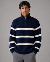 Men's half zip knitted jumper with horizontal stripe pattern and ribbed texture, front view