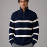 Men's half zip knitted jumper with horizontal stripe pattern and ribbed texture, front view