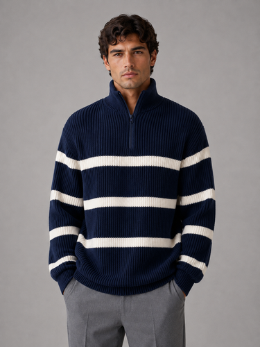 Men's half zip knitted jumper with horizontal stripe pattern and ribbed texture, front view