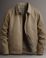 Close-up of welted side pocket and checked plaid interior lining on men's jacket