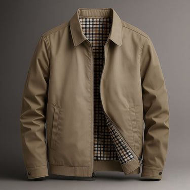 Close-up of welted side pocket and checked plaid interior lining on men's jacket