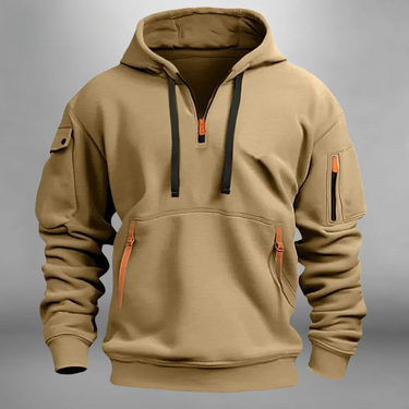 Close-up of the adjustable drawstring hood on the men's hoodie