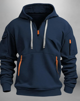 Detail shot of the front kangaroo pocket on the men's pullover hoodie