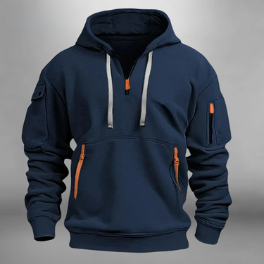 Detail shot of the front kangaroo pocket on the men's pullover hoodie