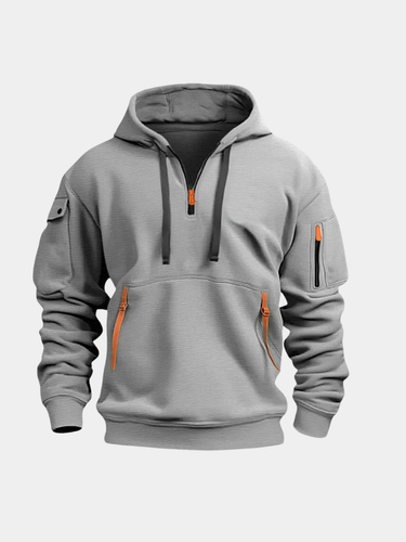Front view of a men's relaxed-fit pullover hoodie with drawstring hood and kangaroo pocket