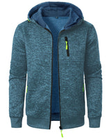 Three-quarter view of the men's patterned zip-up hoodie