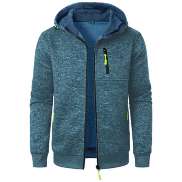 Three-quarter view of the men's patterned zip-up hoodie