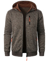 Men's patterned hoodie worn open over a crew-neck tee