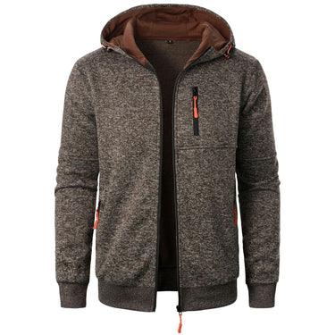 Men's patterned hoodie worn open over a crew-neck tee