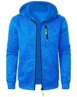 Men's zip hoodie with hood up, showing drawstring detail