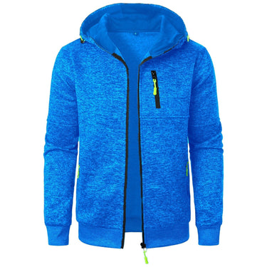 Men's zip hoodie with hood up, showing drawstring detail