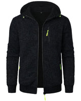 Men's patterned zip-up hoodie with drawstring hood, front view