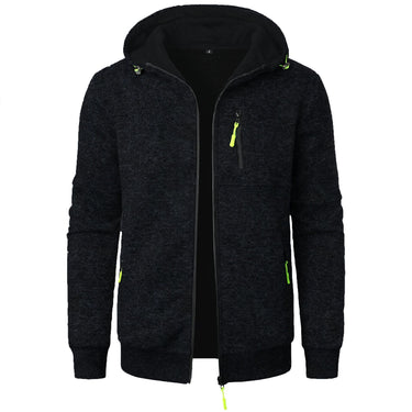 Men's patterned zip-up hoodie with drawstring hood, front view