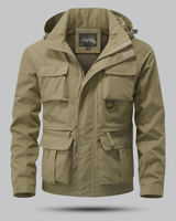 Close-up of utility pockets and storm flap detail on men's parka coat