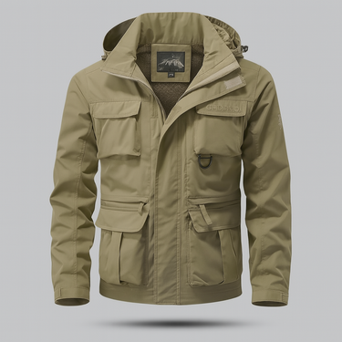Close-up of utility pockets and storm flap detail on men's parka coat
