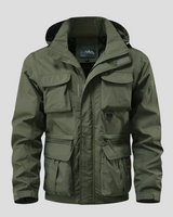 Men's hip-length parka coat showing adjustable hood and drawcord waist
