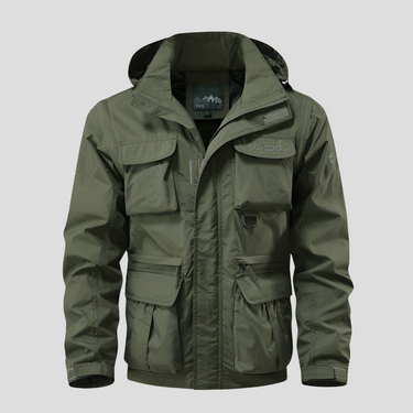 Men's hip-length parka coat showing adjustable hood and drawcord waist
