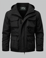 Men's hooded parka coat with full-length zip and storm flap, front view