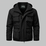 Men's hooded parka coat with full-length zip and storm flap, front view