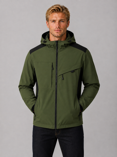 Rear view of the windbreaker showing the adjustable drawcord hood