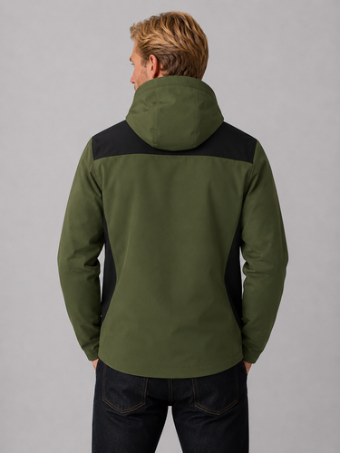 Detail shot of the full zip fastening and hood adjustment on the jacket