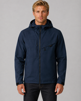 Front view of a men's hooded windbreaker with full zip and zipped pockets